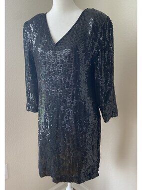 Megere 100% Silk Black Sequin Dress Petite Medium Bead 80s Solid Classic